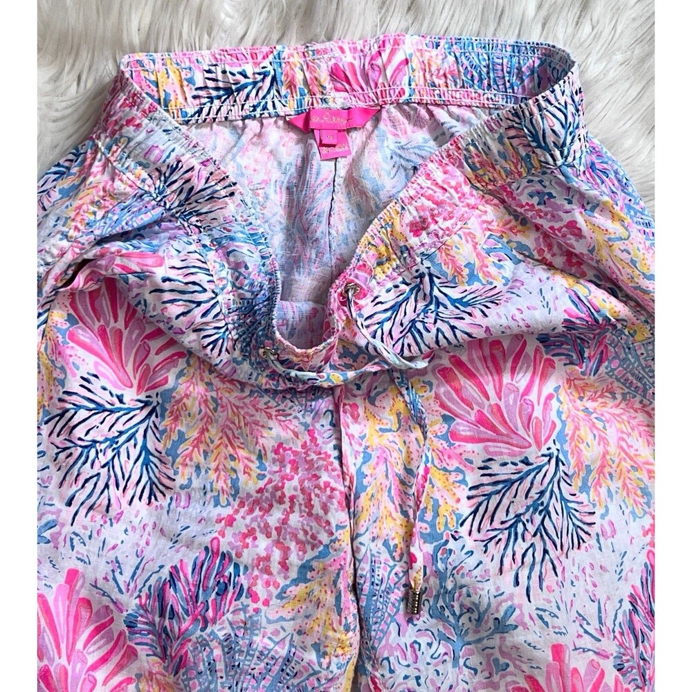 Lilly Pulitzer Taron 100% Linen Pants M Coastal Coral Print Drawstring Pull On - Picture 4 of 15